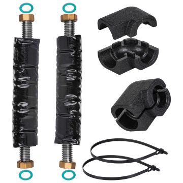 Podłączenie hydrauliczne aroTHERM plus (podstawowe) zawiera: 2 podłączenia elastyczne 2x425mm(stal nierdzewna, elastyczna, zakończenie G 5/4"), izolac