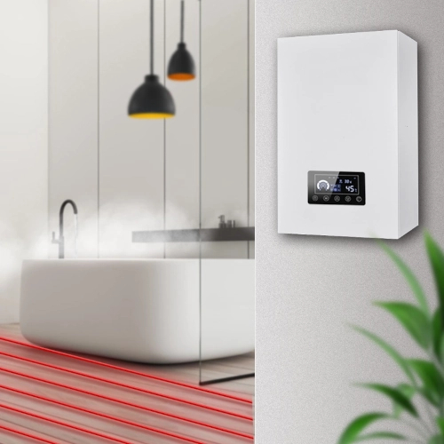 Elektryczny kocioł wiszący z wyświetlaczem. W tle znajdują się wanna, lampa wisząca i szklana ściana.